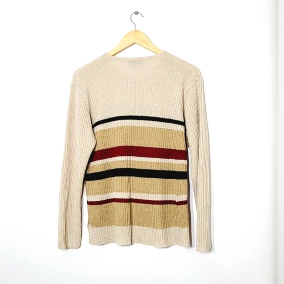 Vintage Crewneck Cream Red Black Striped Y2K Knitted Long Sleeve Retro Sz XL 90s - Picture 8 of 11